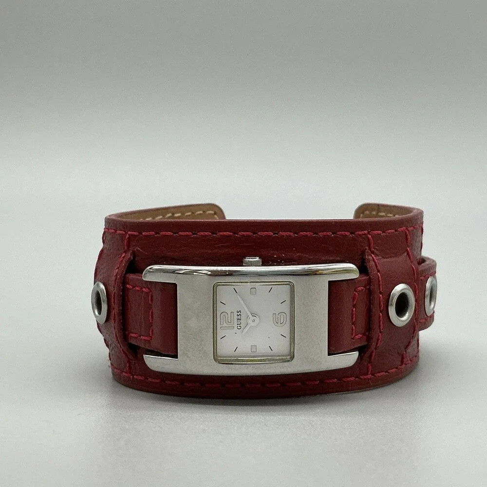 Guess G66225L Womens Watch 18mm White Dial Red Leather Cuff New Battery